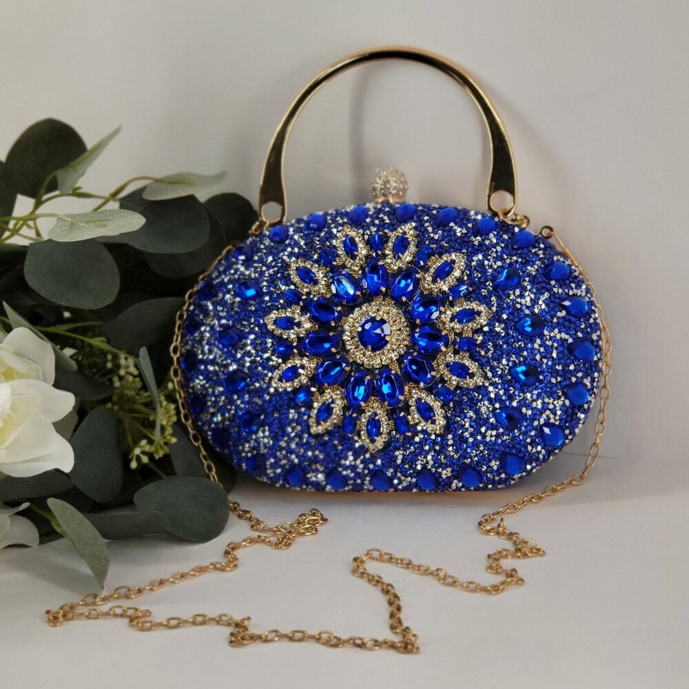 Blue Crystal Embellished Evening Clutch Bag Gold Handle & Chain Strap By RAMLA!
